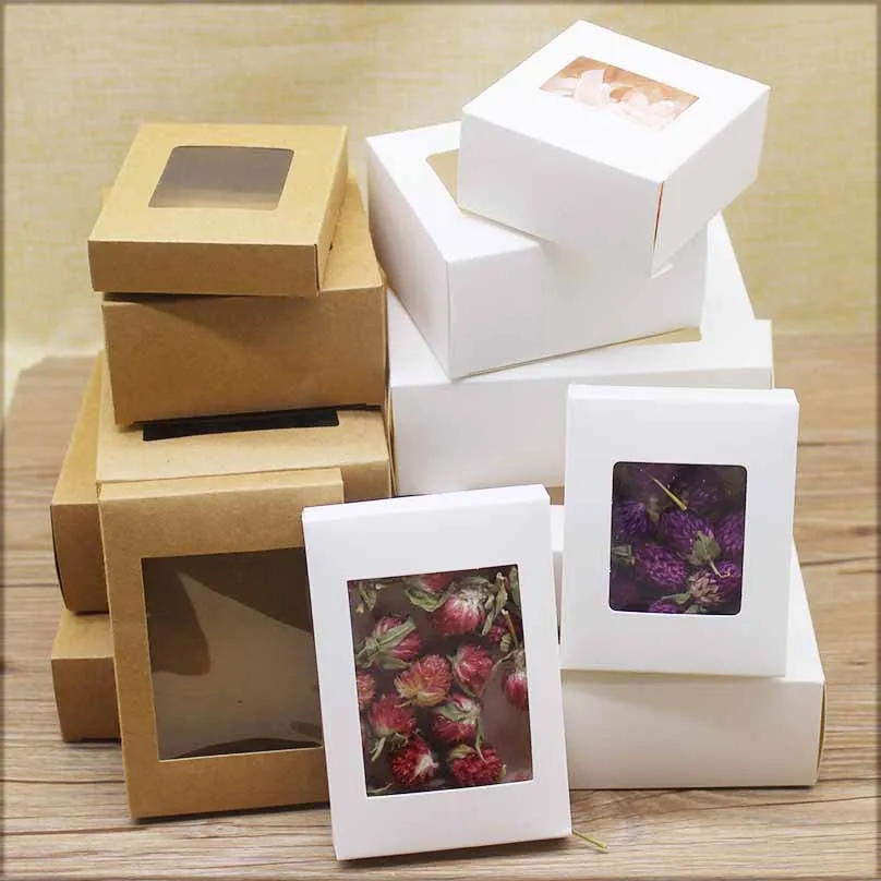 10pcs DIY Gifts Package with Window White/Kraft Christmas Gifts Box Cake Packaging For Wedding Home Party Muffin Packaging Box