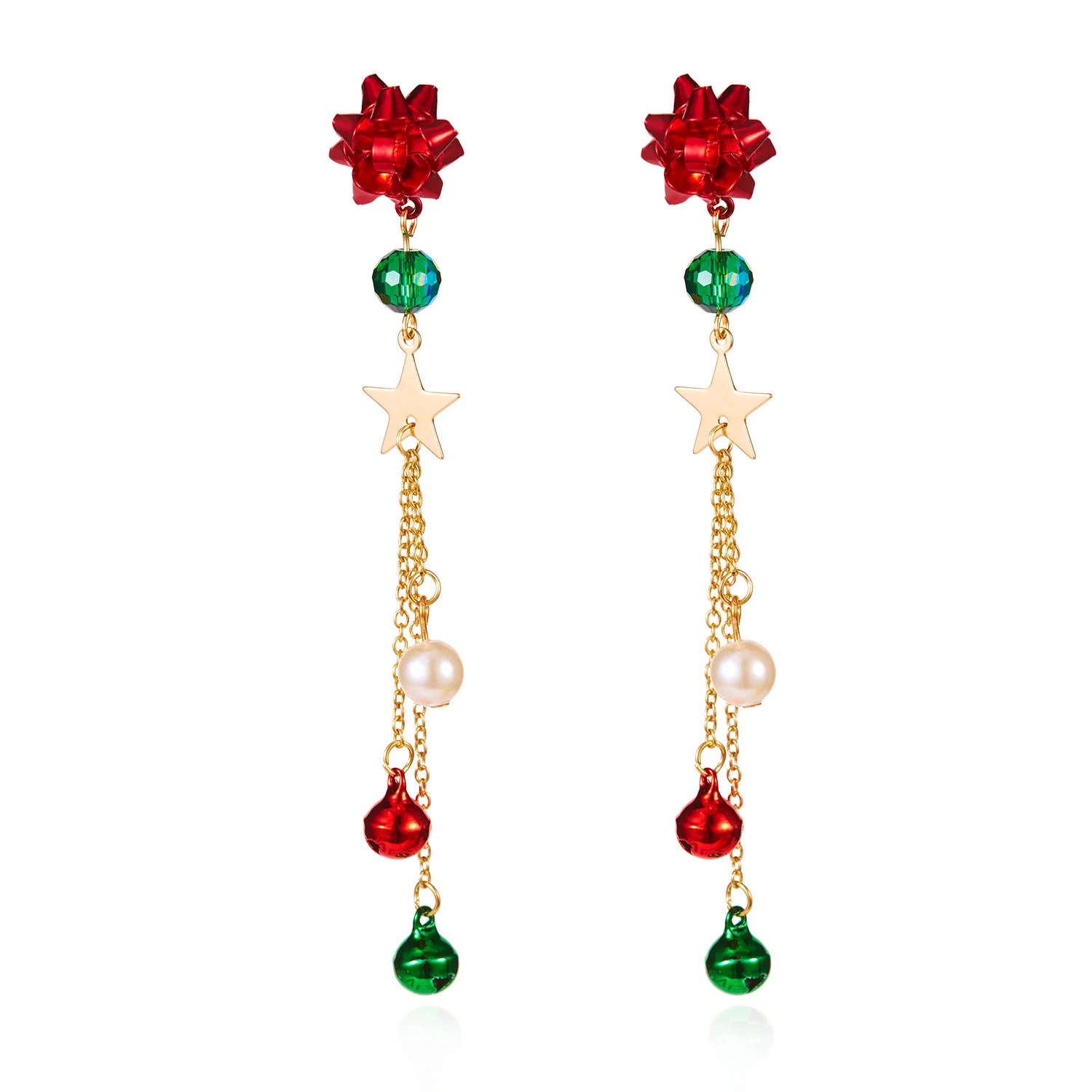 New Christmas Ribbon Star Long Tassel Earrings for Women Delicate Crystal Bowknot Hollow Bell Drop Earring Xmas Festival Jewelry