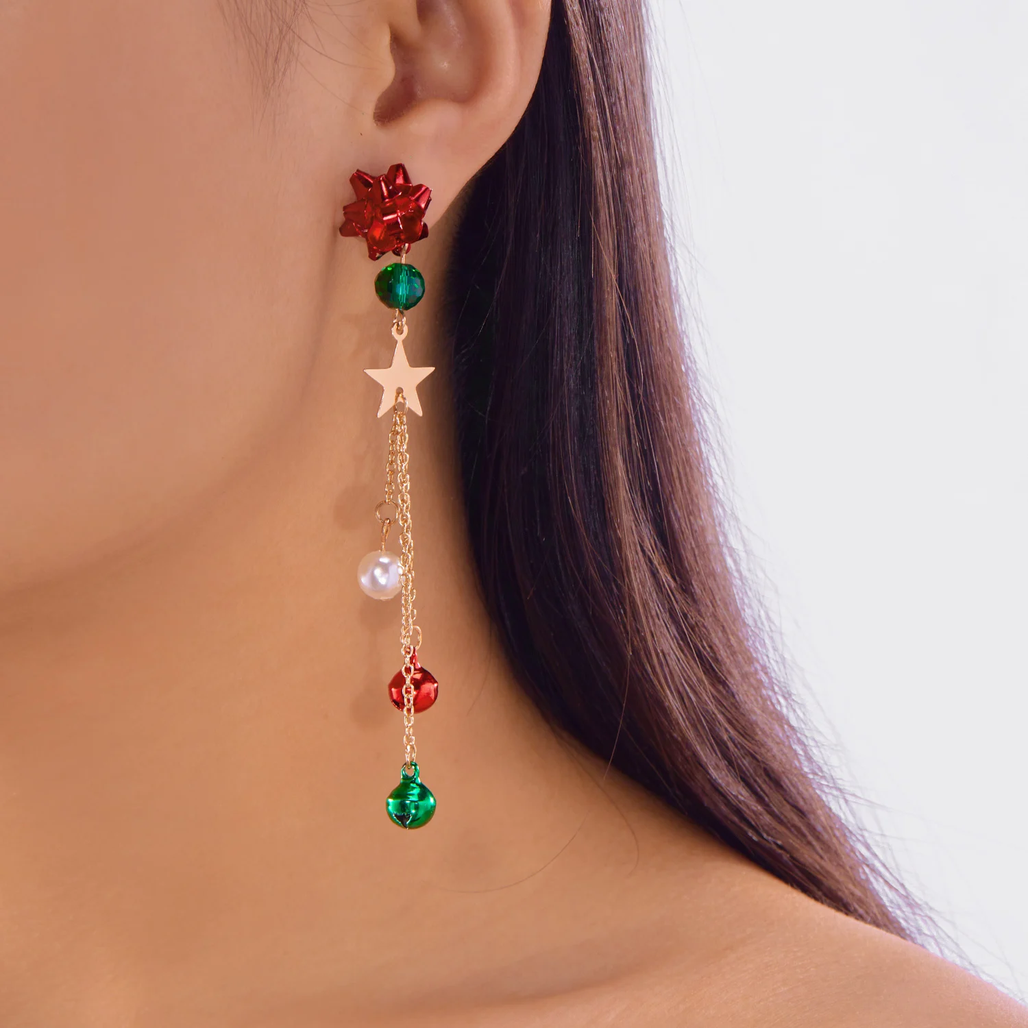 New Christmas Ribbon Star Long Tassel Earrings for Women Delicate Crystal Bowknot Hollow Bell Drop Earring Xmas Festival Jewelry