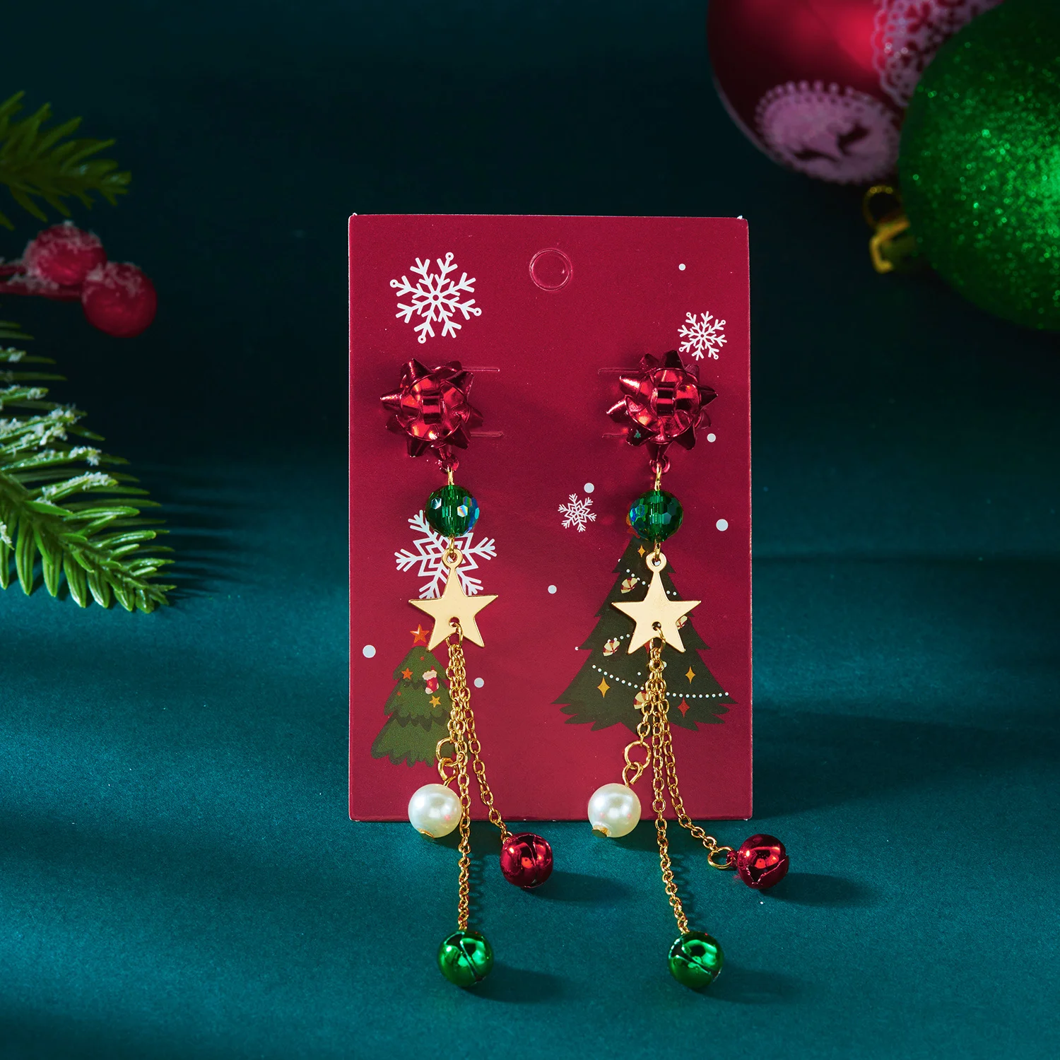 New Christmas Ribbon Star Long Tassel Earrings for Women Delicate Crystal Bowknot Hollow Bell Drop Earring Xmas Festival Jewelry