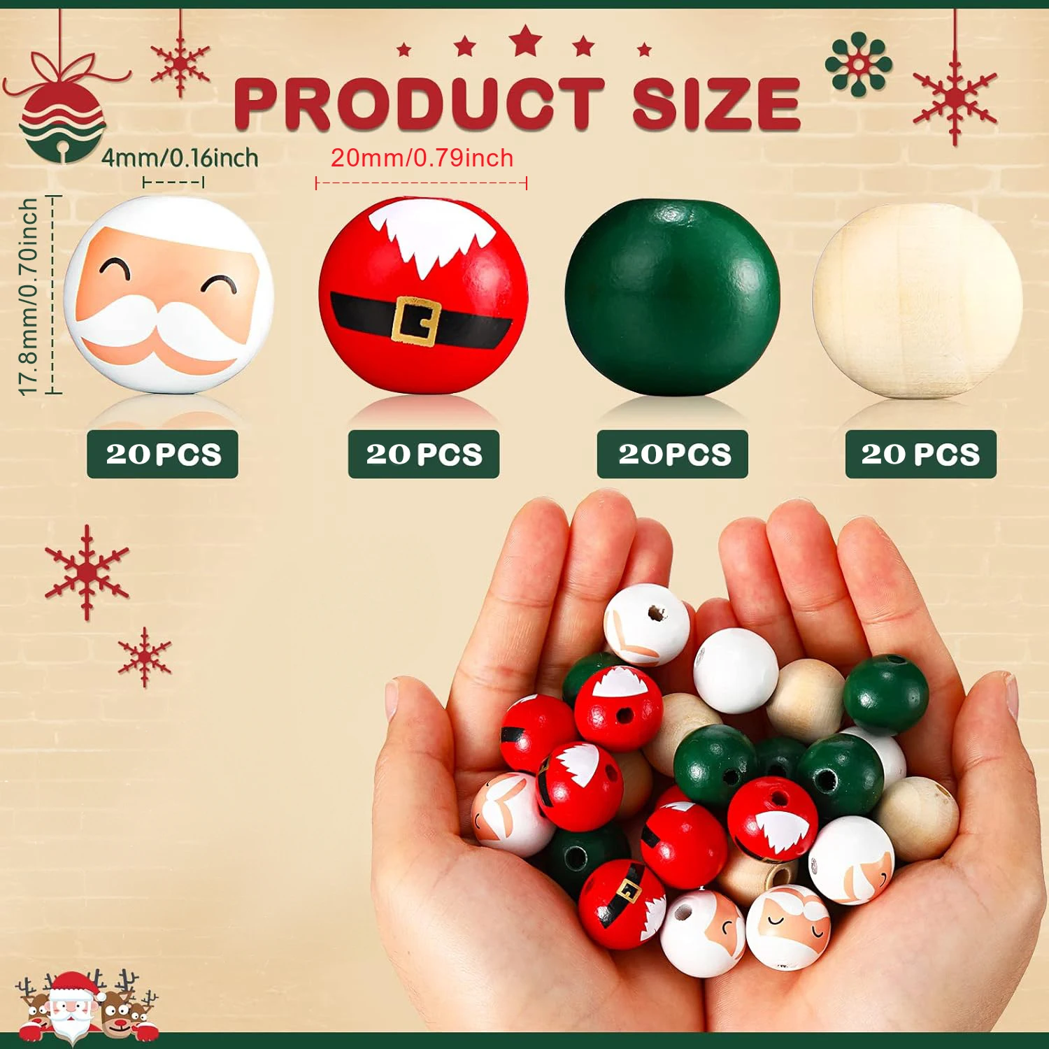 Random Size Quantity Christmas Wooden Beads Christmas Wooden Beads Christmas Round Beads Winter Pine Round Beads Natural Wood