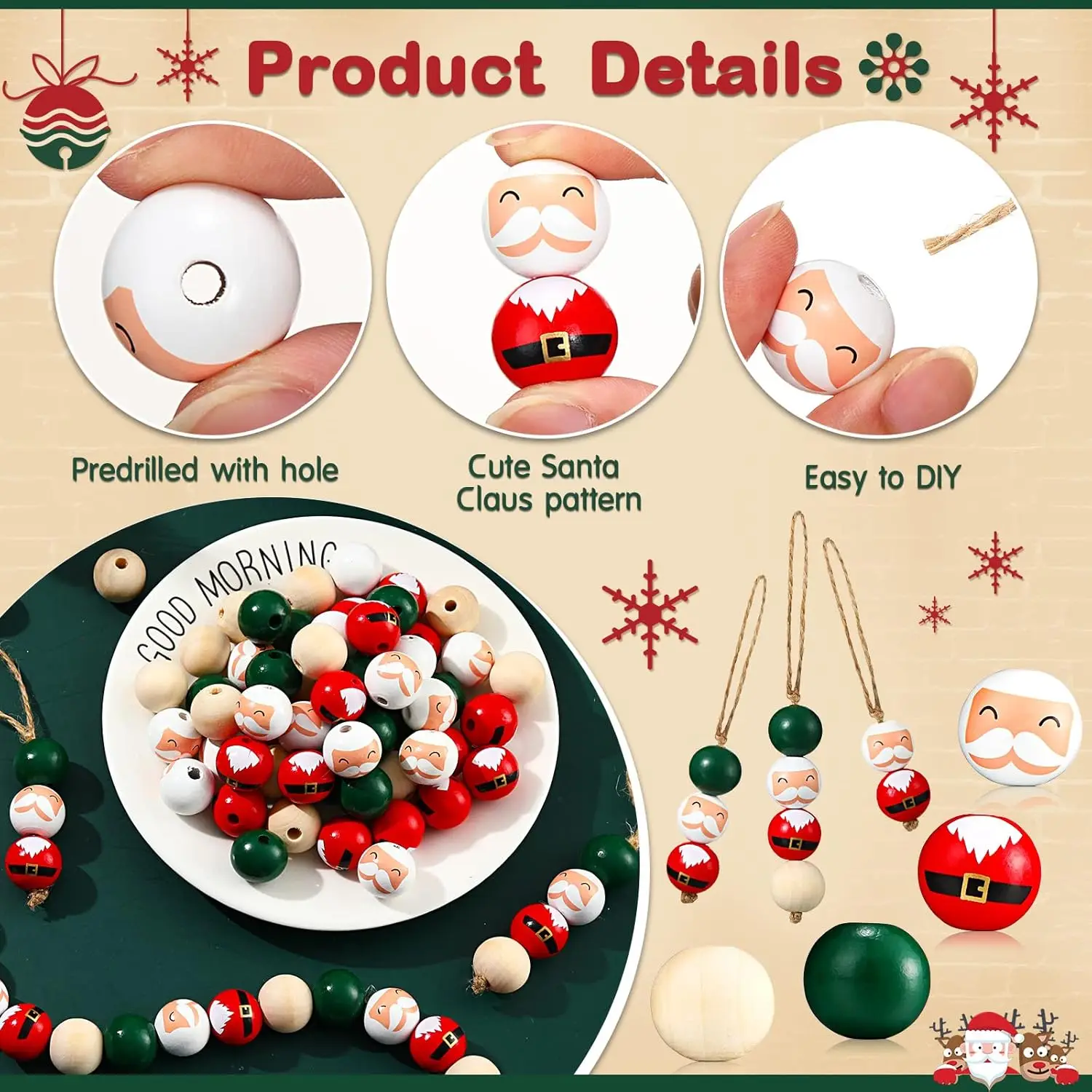 Random Size Quantity Christmas Wooden Beads Christmas Wooden Beads Christmas Round Beads Winter Pine Round Beads Natural Wood