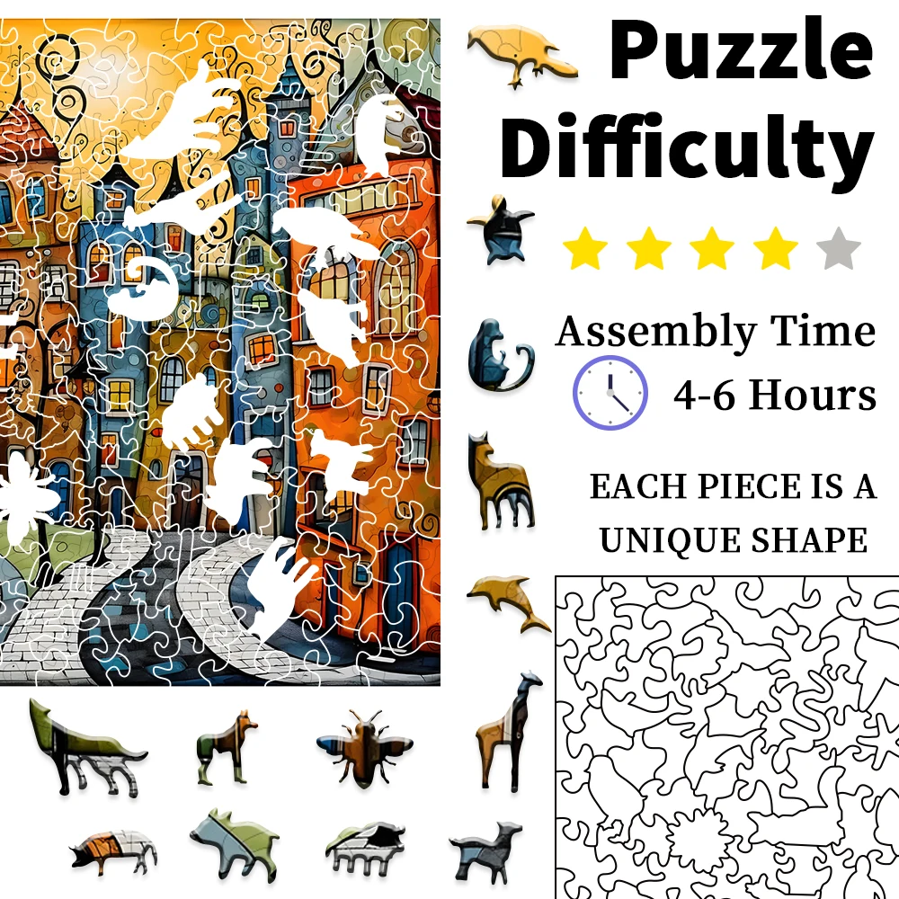Unique Cartoon City Wooden Puzzle - Creative Irregular Shape Christmas, Birthday, and Holiday Perfect Gift Suitable for Friends