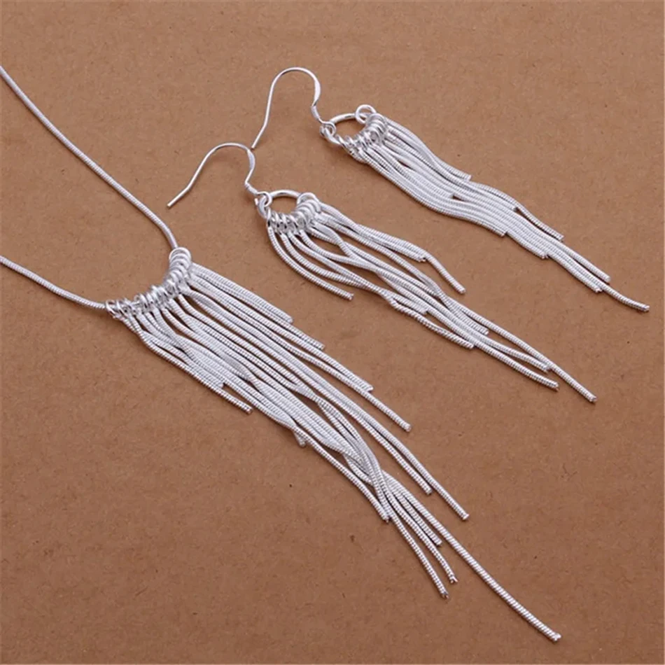 Fine 925 Sterling Silver Jewelry Sets for Women 18 Inches Tassel Lines Necklace Earrings Fashion Party Wedding Christmas Gifts