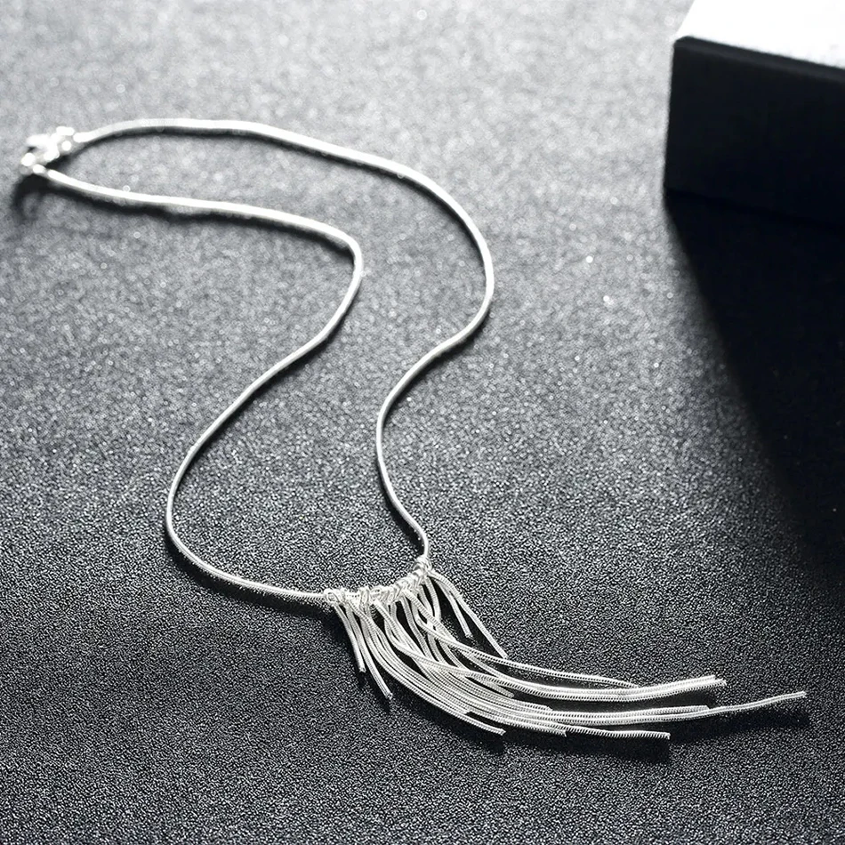 Fine 925 Sterling Silver Jewelry Sets for Women 18 Inches Tassel Lines Necklace Earrings Fashion Party Wedding Christmas Gifts