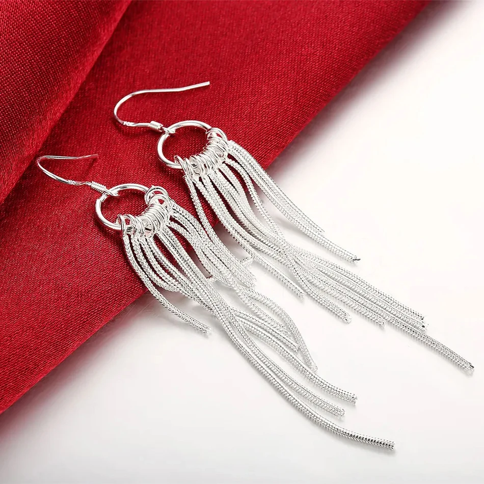 Fine 925 Sterling Silver Jewelry Sets for Women 18 Inches Tassel Lines Necklace Earrings Fashion Party Wedding Christmas Gifts