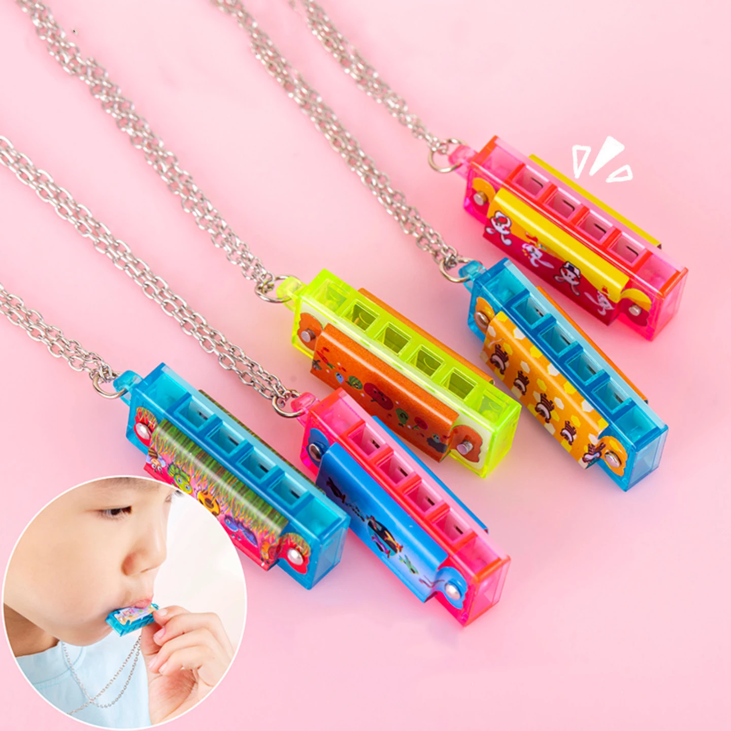 10/100Pcs Cartoon Mini Harmonica with Necklace Musical Toy for Kids Birthday Party Favors Pinata Fillers Boy Girl Christmas Gift