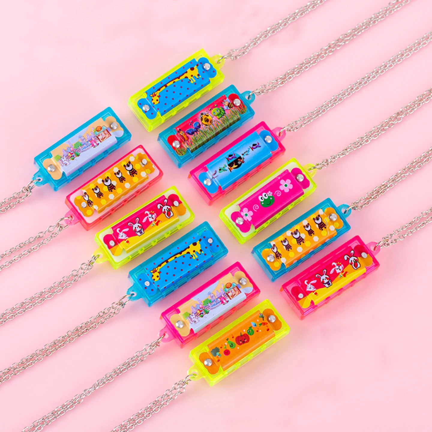 10/100Pcs Cartoon Mini Harmonica with Necklace Musical Toy for Kids Birthday Party Favors Pinata Fillers Boy Girl Christmas Gift