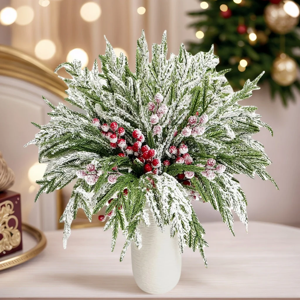 15pcs Artificial Norfolk Pine Branches with Red Berry Stems for Xmas Tree Decorations Festival Vase DIY Garland Christmas Decor