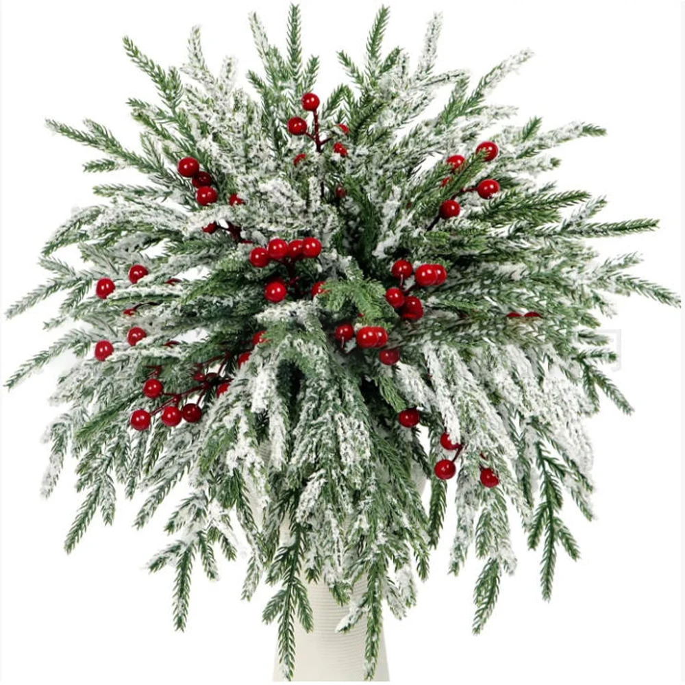 15pcs Artificial Norfolk Pine Branches with Red Berry Stems for Xmas Tree Decorations Festival Vase DIY Garland Christmas Decor