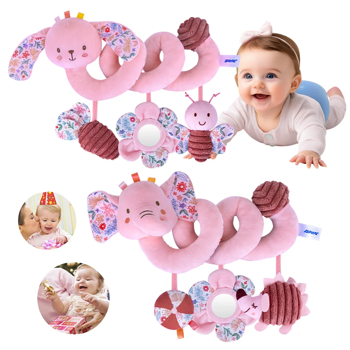 Infant Carseat Sensory Toys Hanging Stroller Accessories Toys with Mirror, BB Squeaker and Rattles, Ideal Christmas Gifts