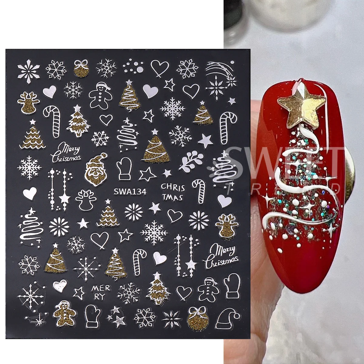 2pcs Gold Silver Christmas 3D Nail Stickers Reflective Glitter Xmas Tree Gingerbread Snowflakes Adhesive Decals Winter Manicure