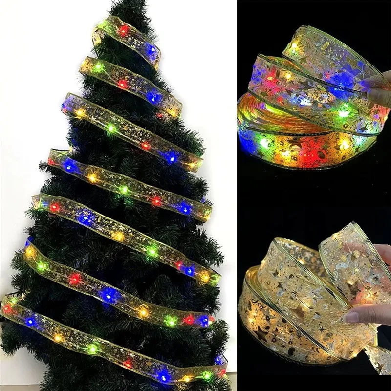 Indoor String Lights Battery Operated Christmas Ribbon with Lights Christmas Tree Accessories Decoration for Christmas New Year