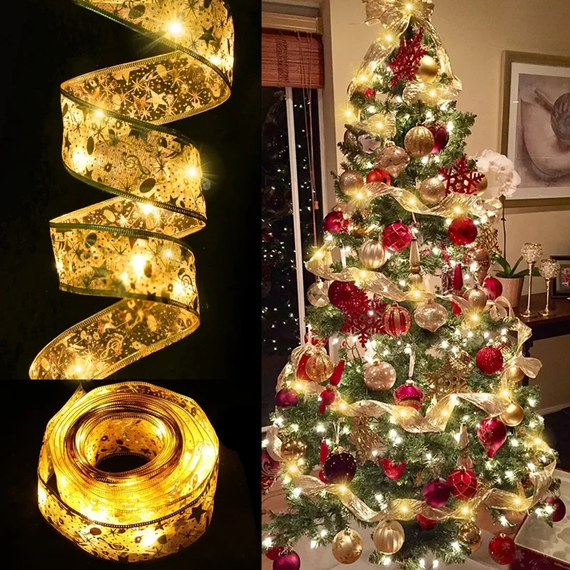 Indoor String Lights Battery Operated Christmas Ribbon with Lights Christmas Tree Accessories Decoration for Christmas New Year