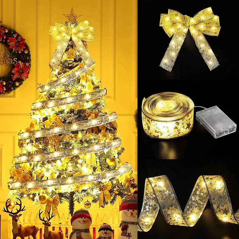 Indoor String Lights Battery Operated Christmas Ribbon with Lights Christmas Tree Accessories Decoration for Christmas New Year