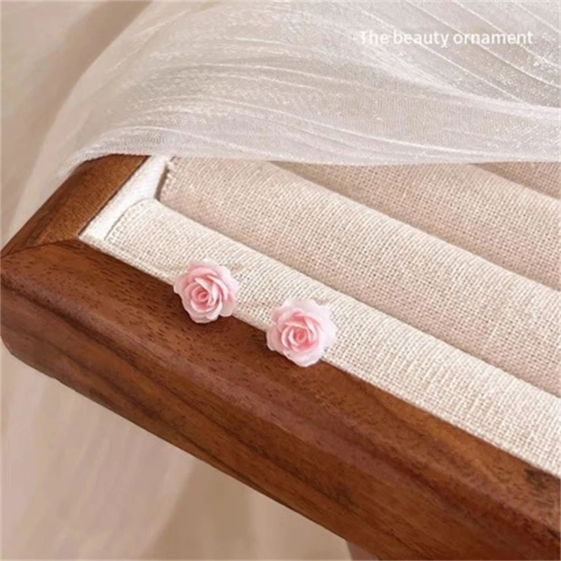 Exquisite Resin Pink Color Roses Flower Stud Earring Women Europe America Simple Bling Jewelry Birthday Friend Christmas Gift