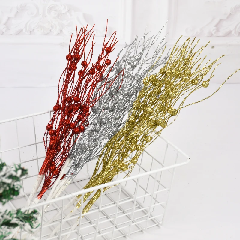 1/3/5Pcs Christmas Artificial Glitter Berry Stem Branches Xmas Tree Ornament New Year Home Decoration DIY Vase Filler 2025 Party