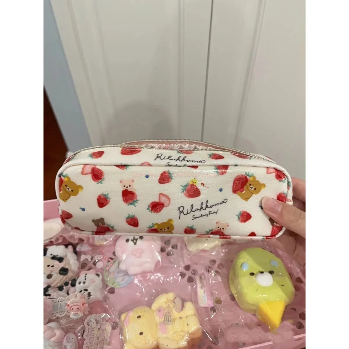 Japanese Kawaii Rilakkuma Cute Strawberry Series Pencil Case Cartoon Student Learn Stationery Storage Pencil Case Christmas Gift