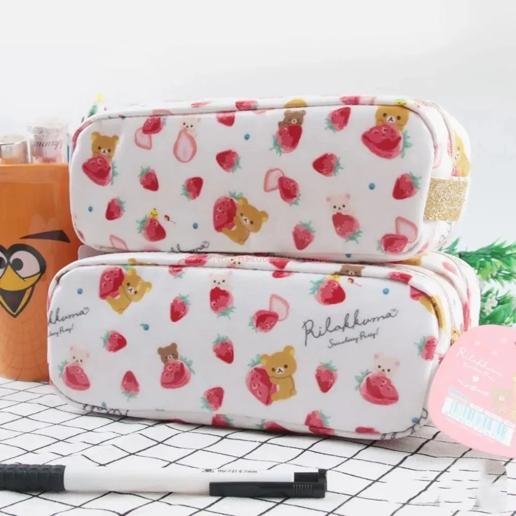 Japanese Kawaii Rilakkuma Cute Strawberry Series Pencil Case Cartoon Student Learn Stationery Storage Pencil Case Christmas Gift