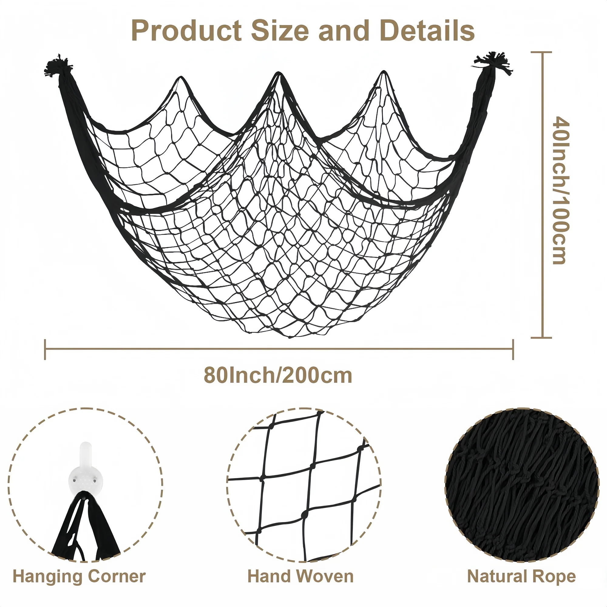 80x40 Inch Fishing Net Decor, Thick Natural Material Nautical Mesh, Wall Table Ceiling Decoration for Halloween Christmas Party