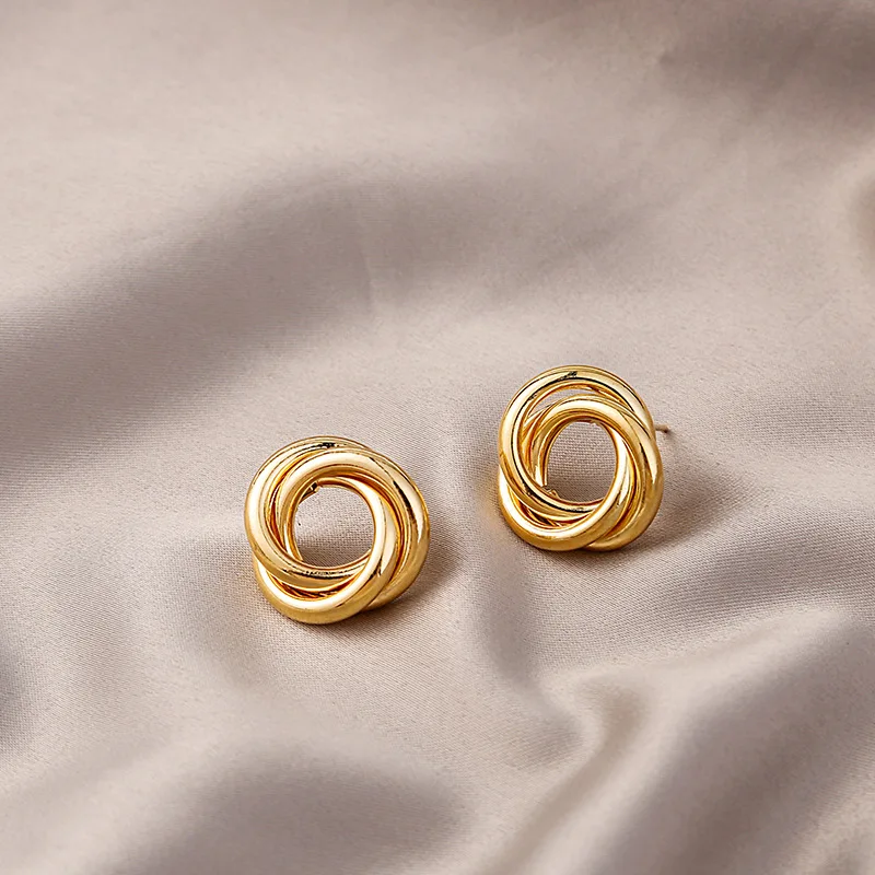 Hiphop Punk Metal Twist Knot Round Stud Earring for Women Gold Color Female Twine Hollow Geometry Jewelry Christmas Gift Brincos