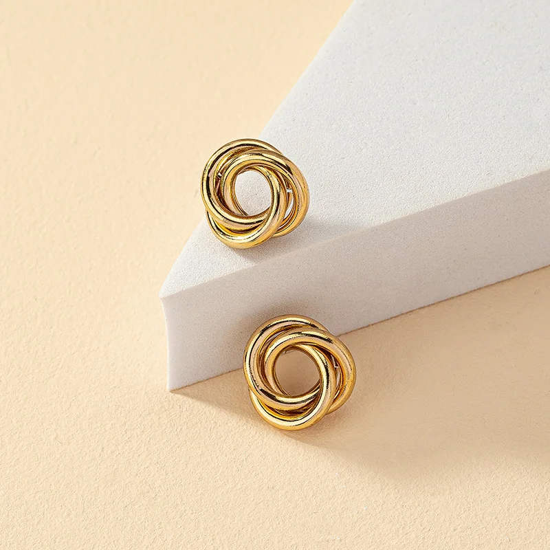 Hiphop Punk Metal Twist Knot Round Stud Earring for Women Gold Color Female Twine Hollow Geometry Jewelry Christmas Gift Brincos