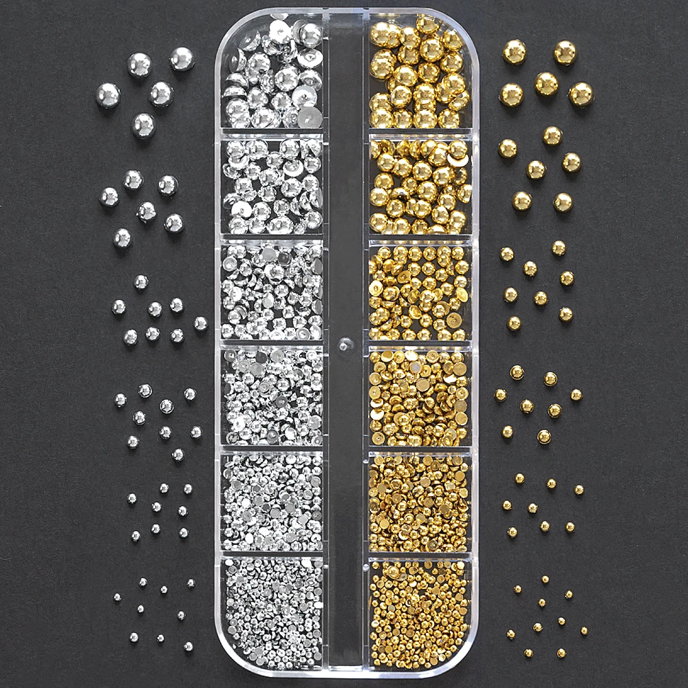 12Grids Gold/Sliver Half Round Beads Nail Art Charms 6-Sizes Flatback Caviar Bead Christmas Diamond DIY Sparkly Manicure Gems #*