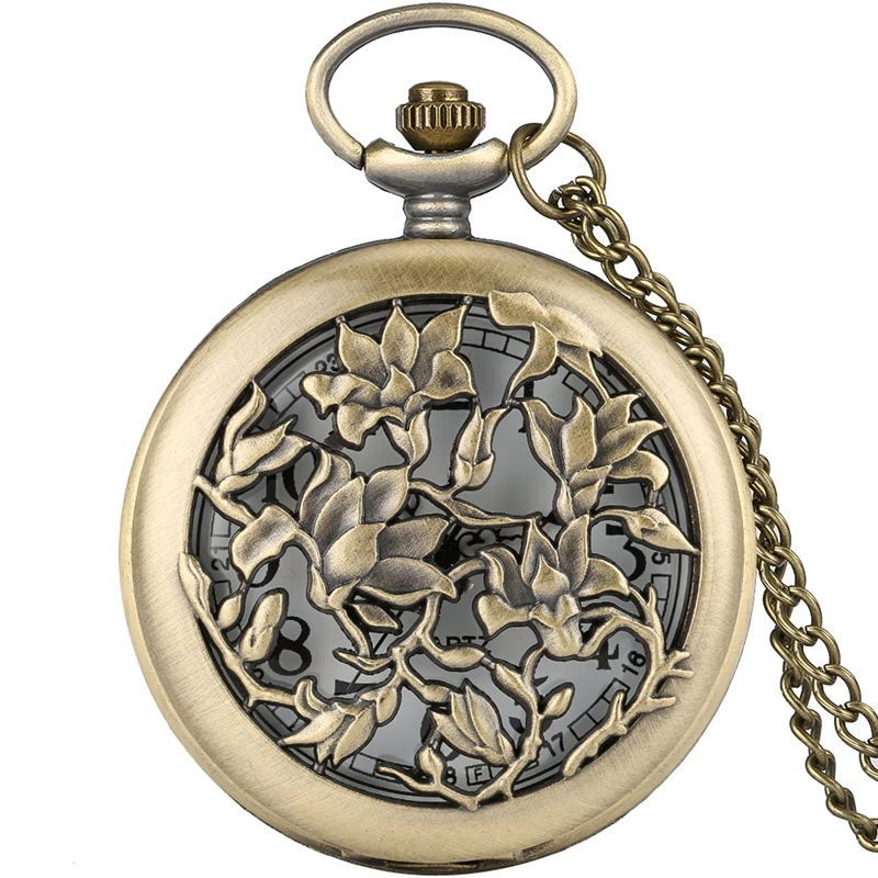 Bronze Hollow Flower Quartz Pocket Watch Necklace Pendant Vintage Sweater Chain Woman's Christmas Gift