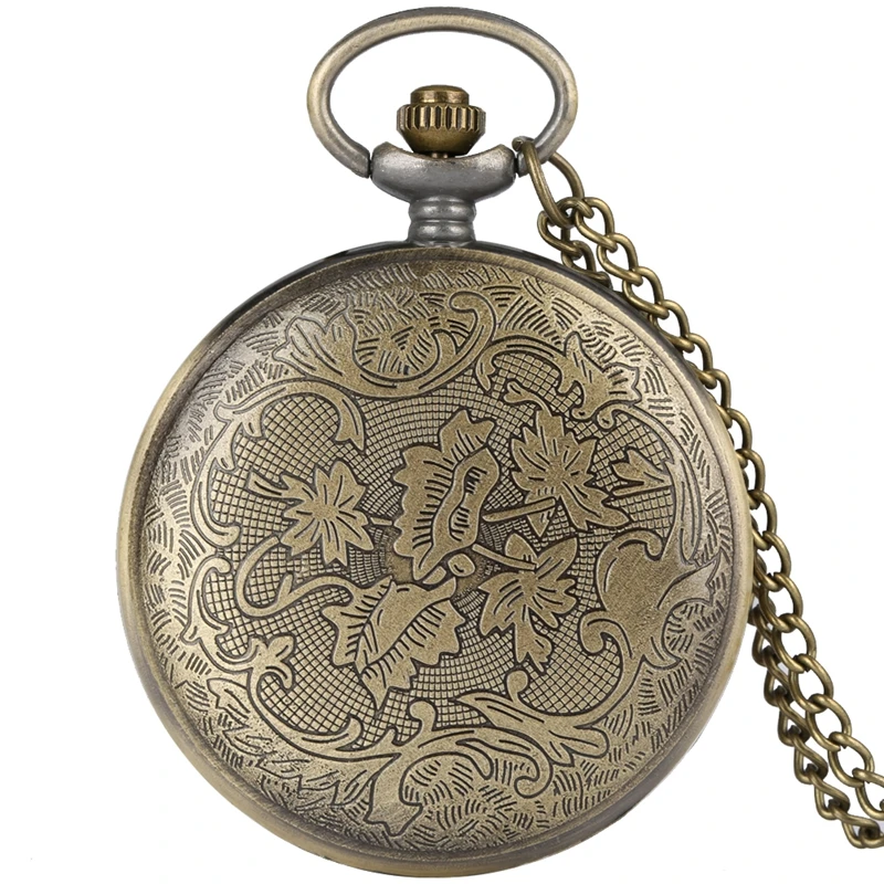 Bronze Hollow Flower Quartz Pocket Watch Necklace Pendant Vintage Sweater Chain Woman's Christmas Gift