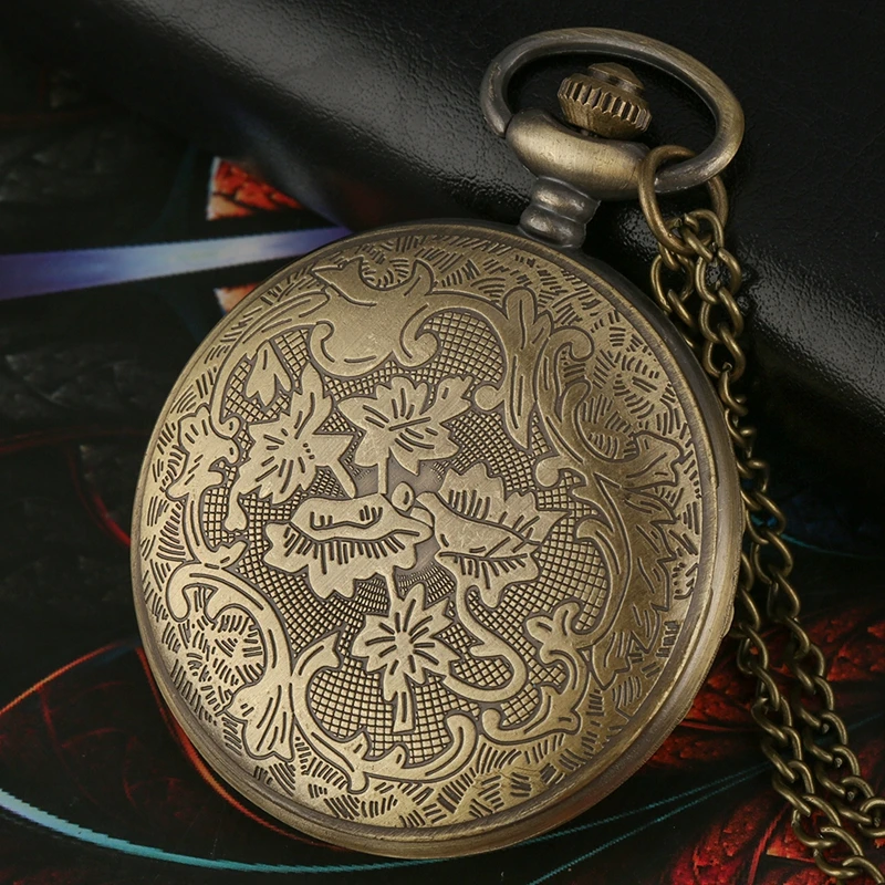 Bronze Hollow Flower Quartz Pocket Watch Necklace Pendant Vintage Sweater Chain Woman's Christmas Gift