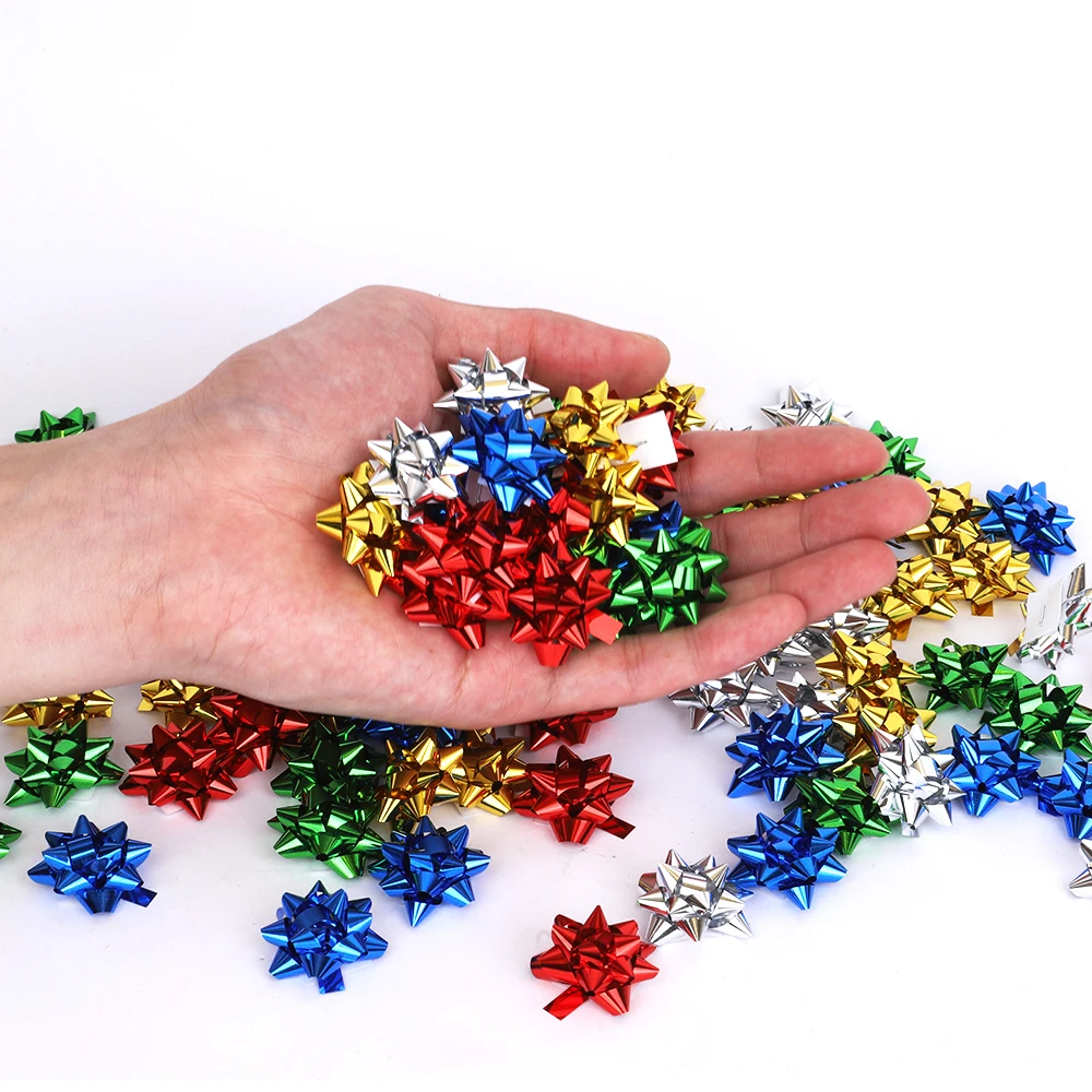 100pcs/2.5cm Mini Colorful 3D Star Flower Decorations DIY Self-adhesive Ribbon Bows Paper Gift Wrapping for Christmas Wedding