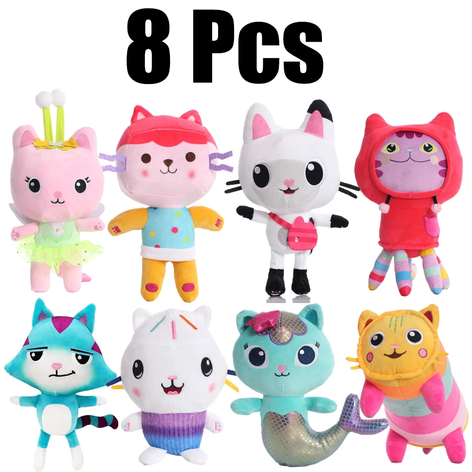 25cm 8Pcs Kawaii Gabby doll house plush toy cartoon stuffed animal mermaid cat mermaid plush doll children's Christmas gift