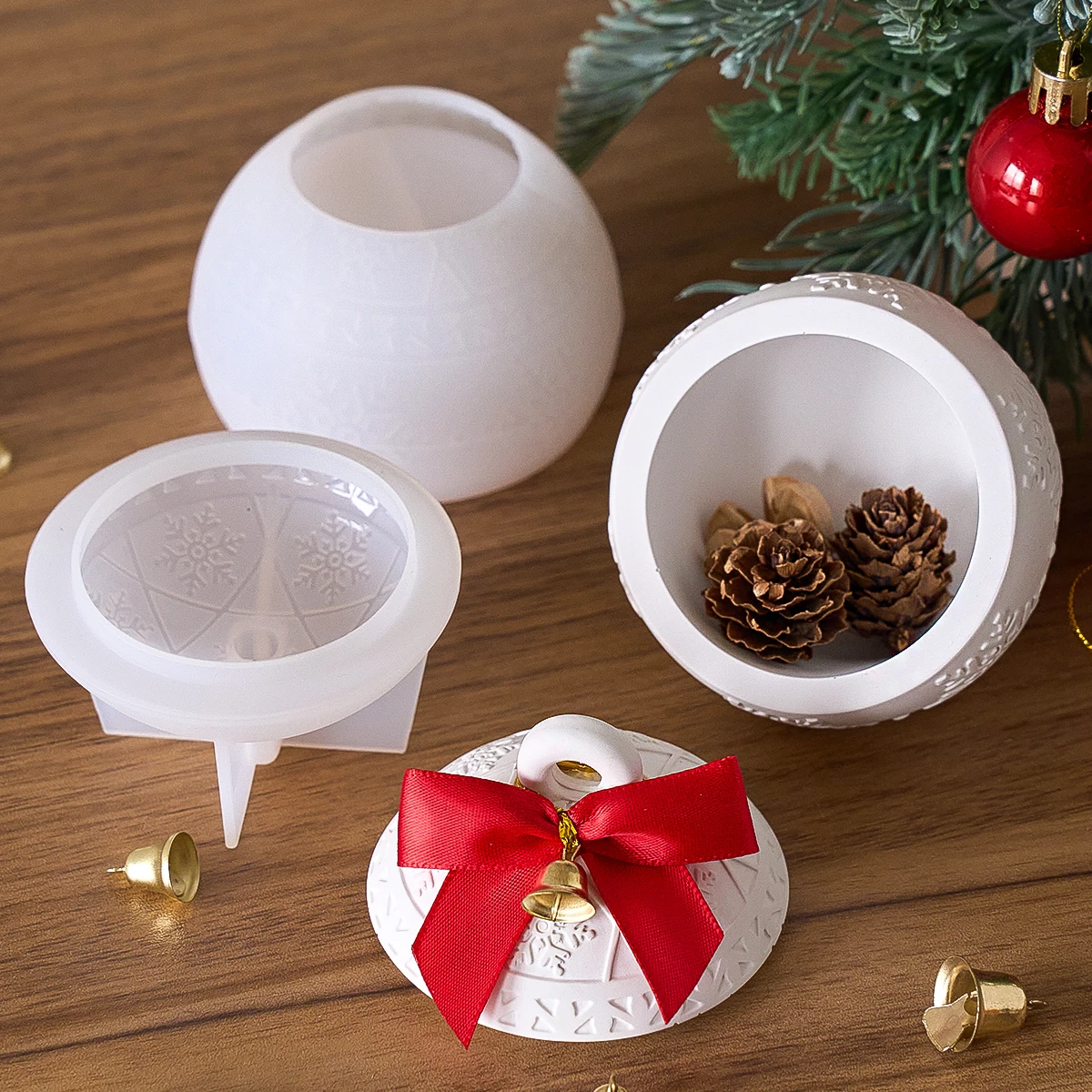 Christmas Relief Snows Berry Candle Jar Silicone Mold DIY Round Ball Storage Box Molds Plaster Resin Making Kit Xmas Crafts Deco