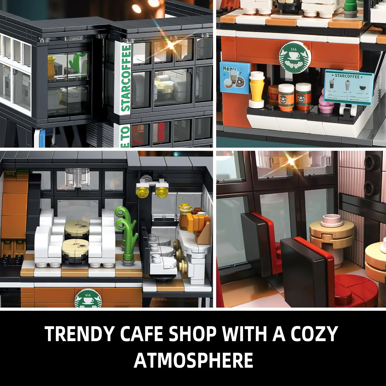 Coffee Shop City House Building Blocks Set for Adults, City Street View Construction Toy with Light, Christmas Kid Boy Girl Gift