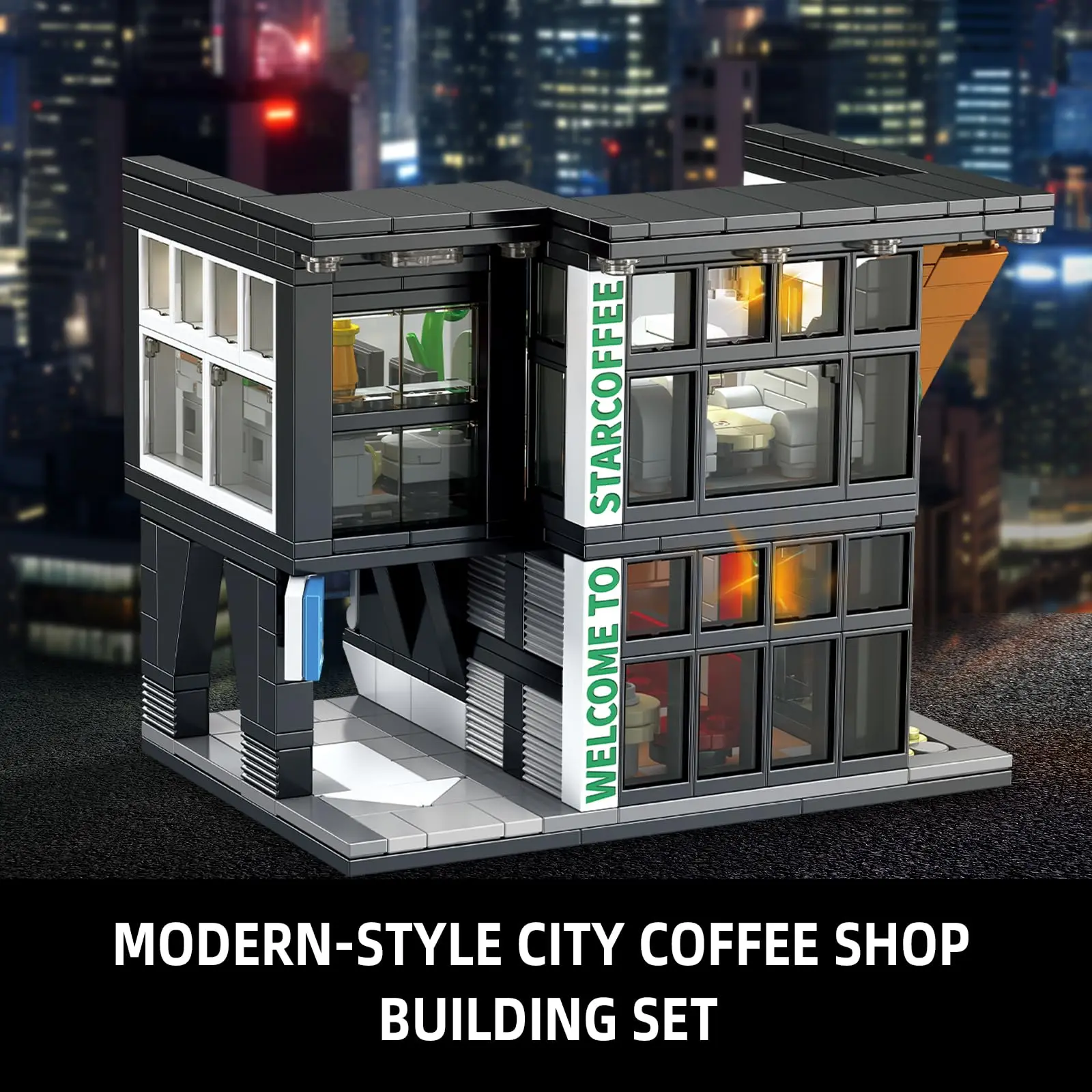 Coffee Shop City House Building Blocks Set for Adults, City Street View Construction Toy with Light, Christmas Kid Boy Girl Gift
