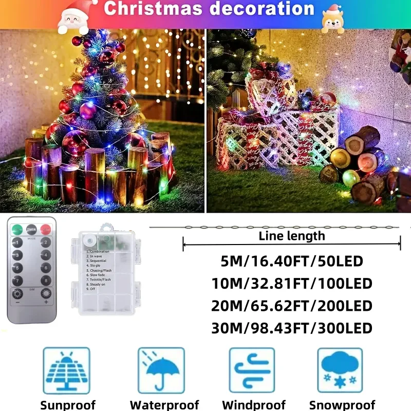50-300LED Fairy Light Battery Operated, with Remote ,8mode Waterproof Christmas Decorative Light String Birthday, Party, Holiday