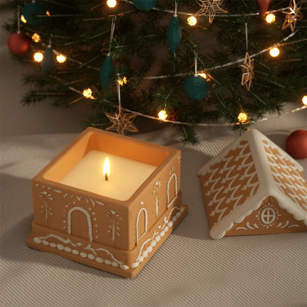 Gingerbread Cottage Candle Jar Concrete Silicone Mold DIY Christmas Candle Vessel Jesmonite Mould Xmas Home Decoration