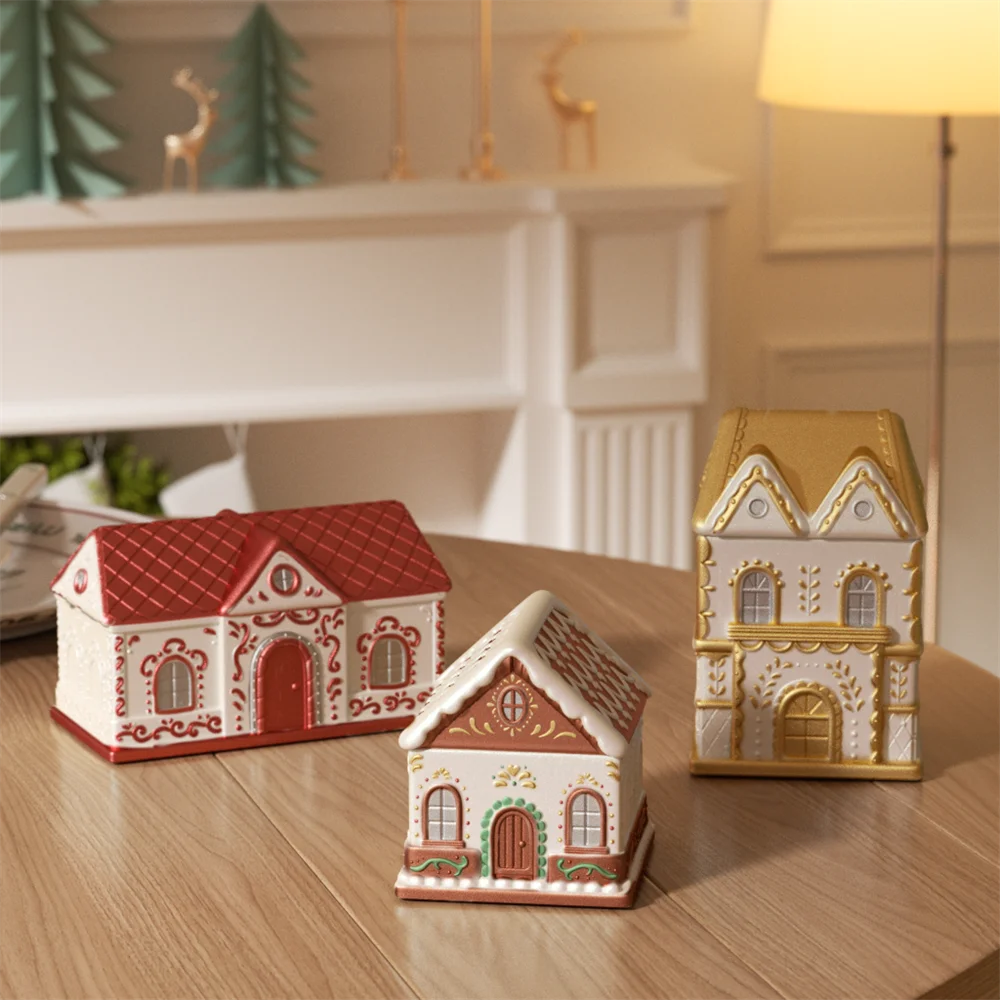 Gingerbread Cottage Candle Jar Concrete Silicone Mold DIY Christmas Candle Vessel Jesmonite Mould Xmas Home Decoration