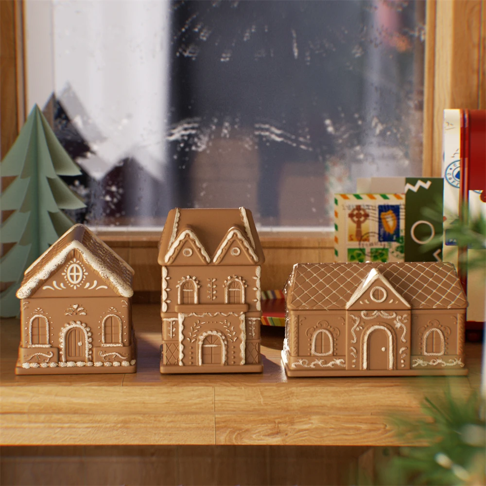 Gingerbread Cottage Candle Jar Concrete Silicone Mold DIY Christmas Candle Vessel Jesmonite Mould Xmas Home Decoration