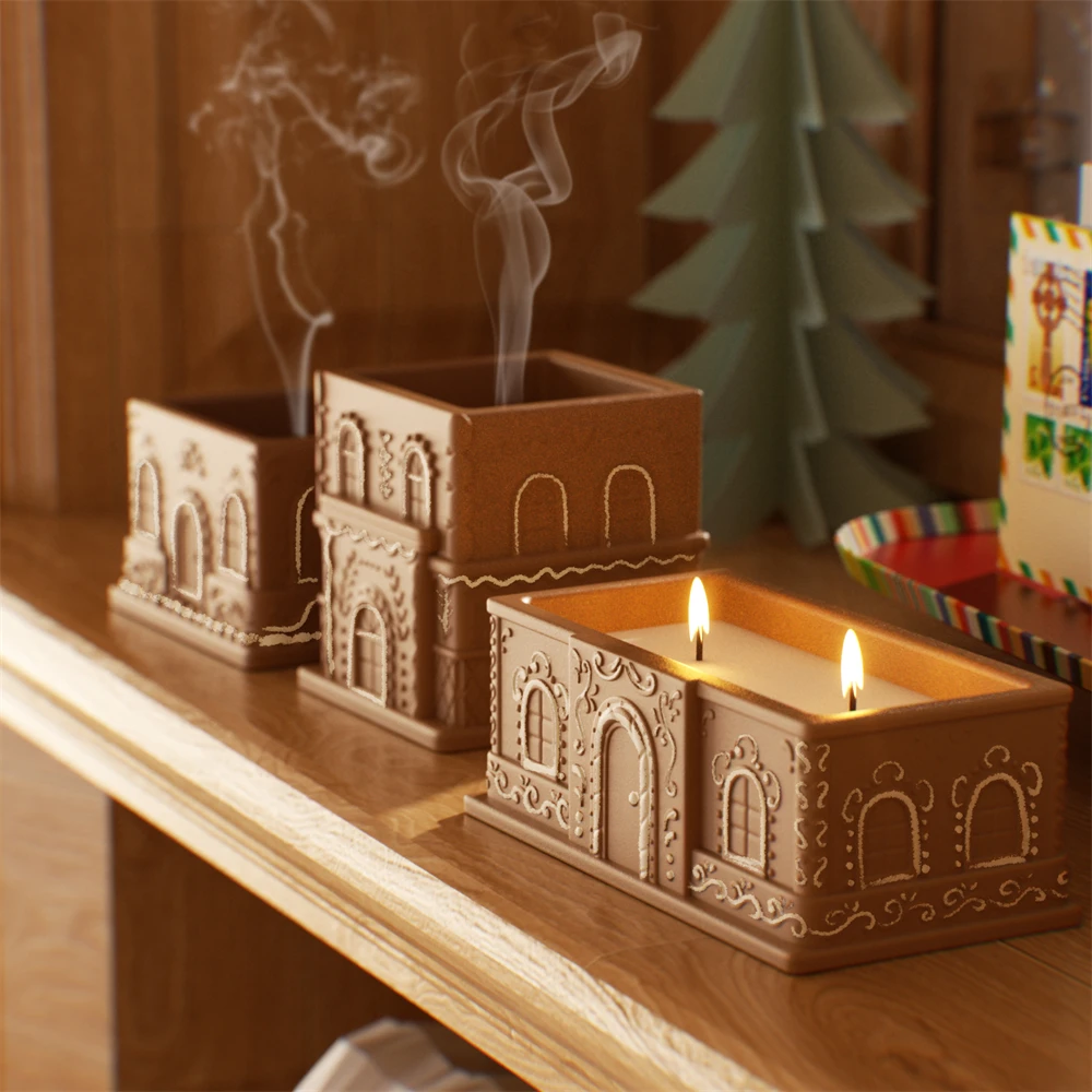 Gingerbread Cottage Candle Jar Concrete Silicone Mold DIY Christmas Candle Vessel Jesmonite Mould Xmas Home Decoration