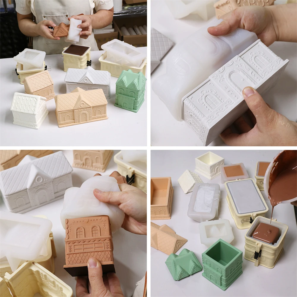 Gingerbread Cottage Candle Jar Concrete Silicone Mold DIY Christmas Candle Vessel Jesmonite Mould Xmas Home Decoration