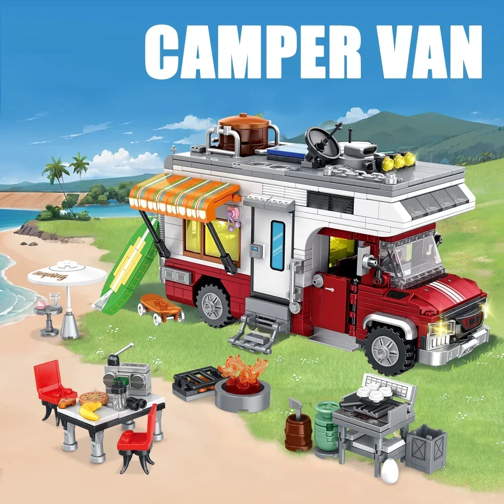 Building Block Canvas Cart Open Door Pickup Truck with Camping equipment Creative Assembled Toys Christmas and Birthday Gifts