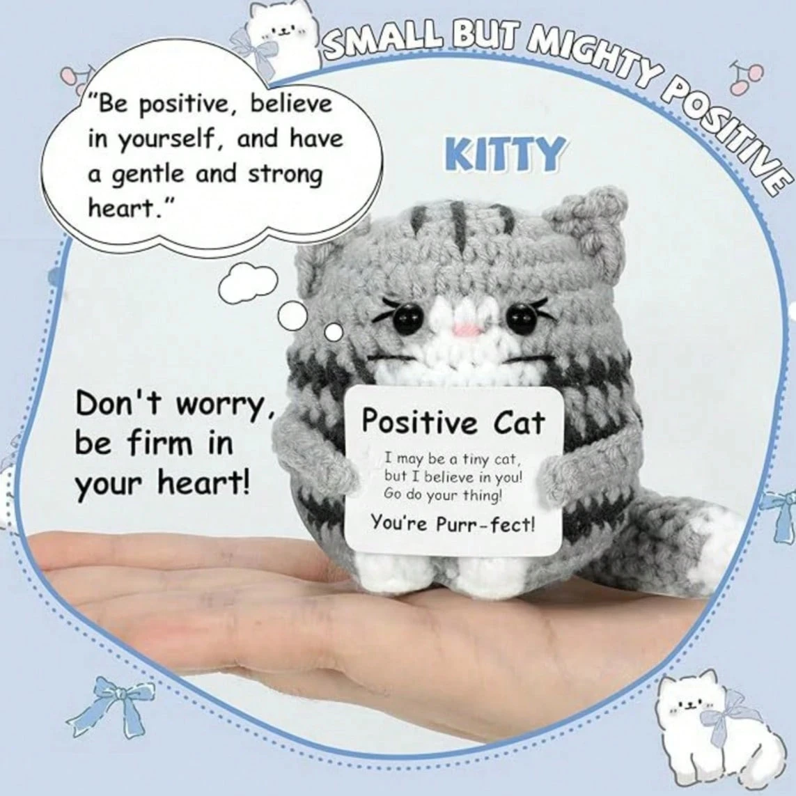 Positive Crochet Cat Mini Animal, an Emotional Boost and Supportive Gift, Fun Crochet Mini Handmade Cat, Suitable for Women, Men, Friends, Mom, Daughter, Son, Plush Duck, Shark, Penguin Decorative Ornaments, Birthday, Christmas Decorations, Graduation Gift
