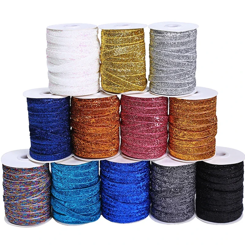 50Yard 10mm Multicolor Shimmer Velvet Ribbon Sparkle Glitter Ribbon For DIY Craft Christmas Gift Wrapping Wedding Decor