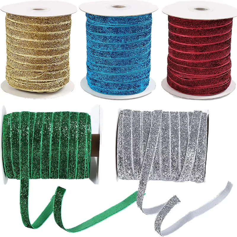 50Yard 10mm Multicolor Shimmer Velvet Ribbon Sparkle Glitter Ribbon For DIY Craft Christmas Gift Wrapping Wedding Decor