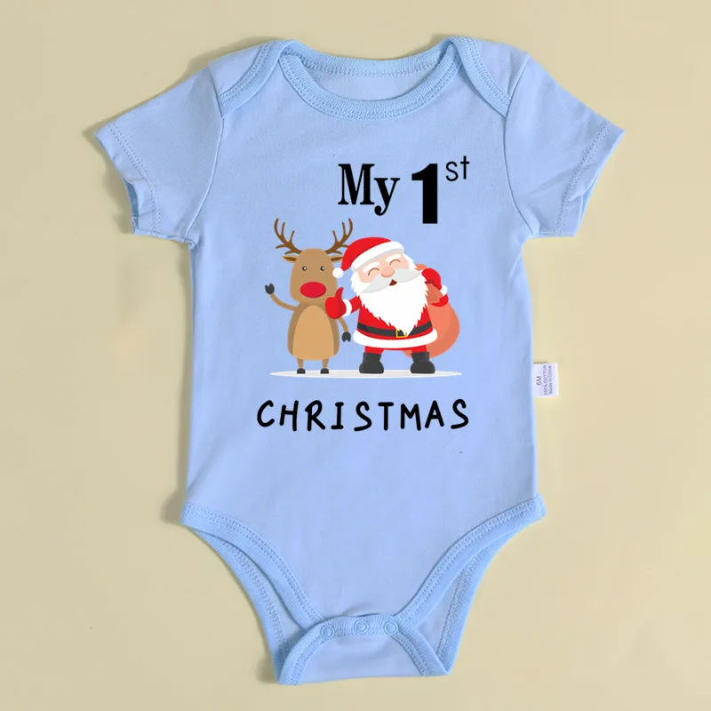 My 1st Christmas Santa Claus Elk Print Newborn Cute Short Sleeve Romper Red Cotton Baby Boys Girls Bodysuit