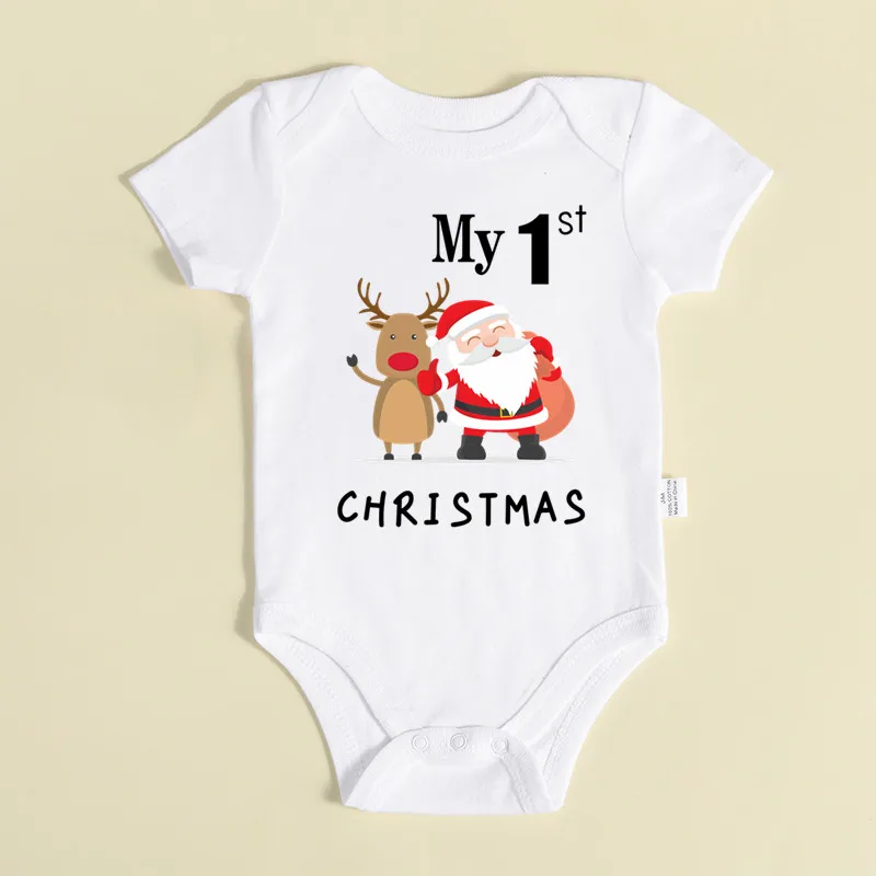 My 1st Christmas Santa Claus Elk Print Newborn Cute Short Sleeve Romper Red Cotton Baby Boys Girls Bodysuit