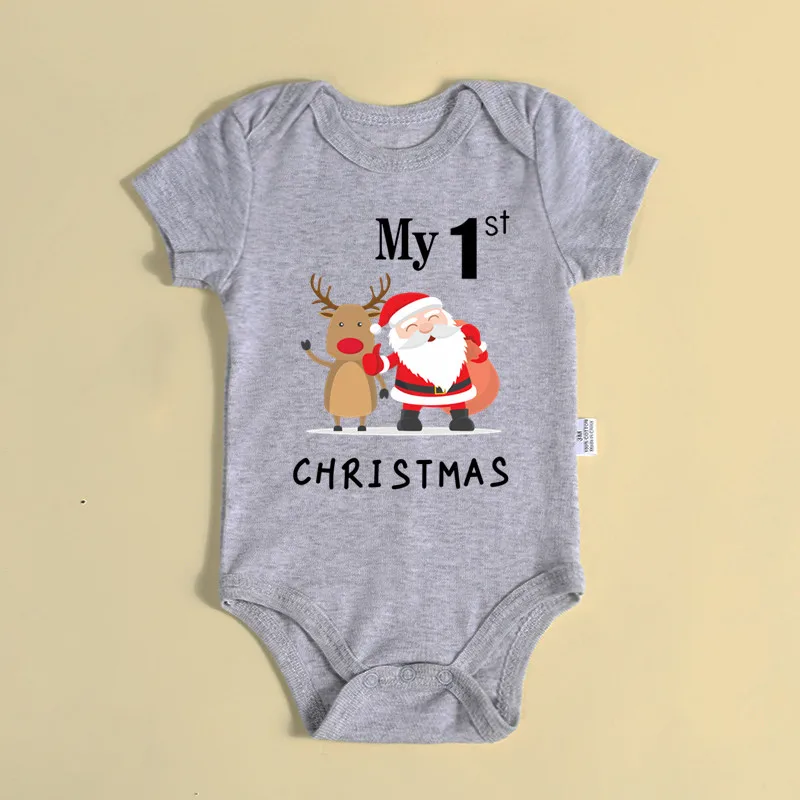 My 1st Christmas Santa Claus Elk Print Newborn Cute Short Sleeve Romper Red Cotton Baby Boys Girls Bodysuit