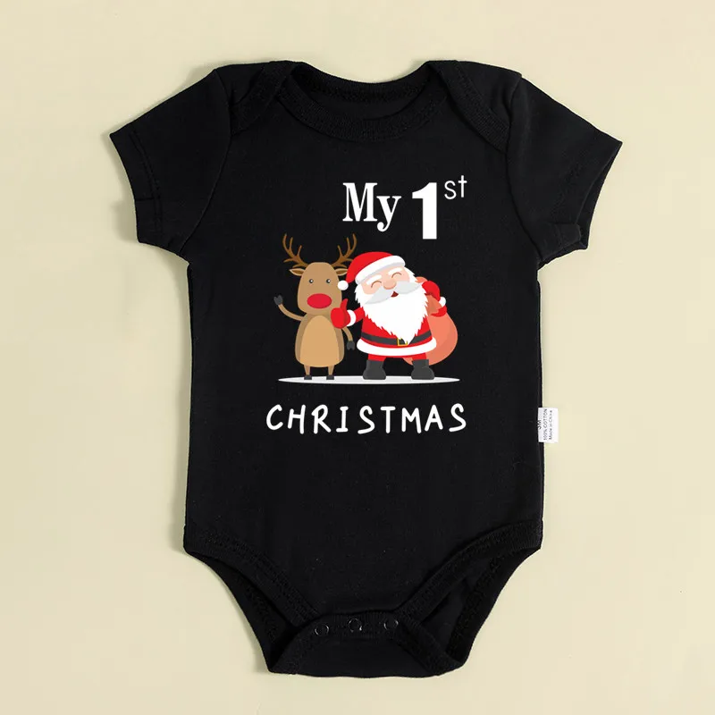 My 1st Christmas Santa Claus Elk Print Newborn Cute Short Sleeve Romper Red Cotton Baby Boys Girls Bodysuit