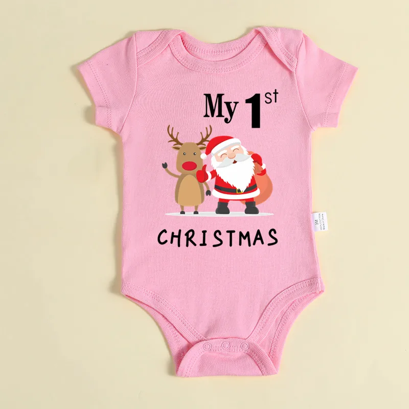 My 1st Christmas Santa Claus Elk Print Newborn Cute Short Sleeve Romper Red Cotton Baby Boys Girls Bodysuit